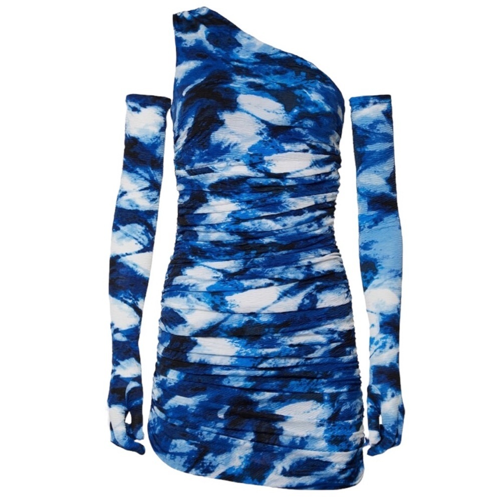 🌟SALE🌟NWOT MISCREANTS One-Shoulder Ruched Mini Dress in Blue Tie Dye